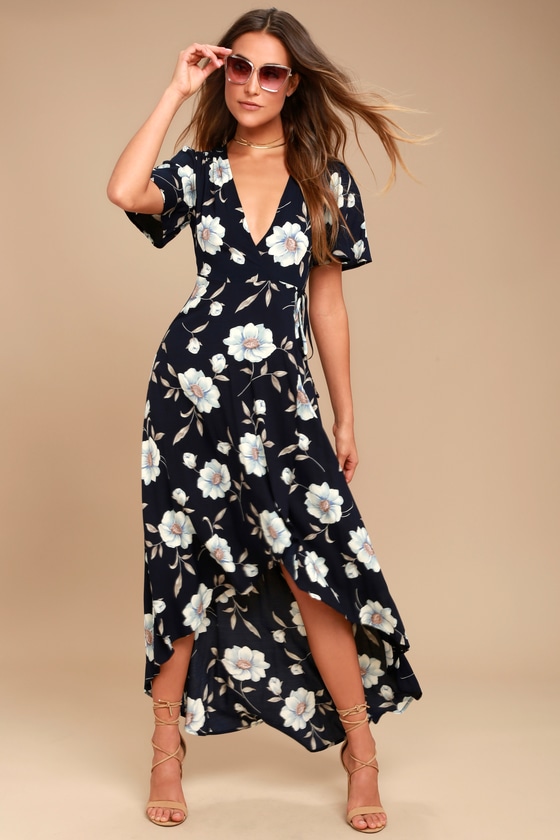 Navy Blue Floral Print Dress - Wrap Dress - High-Low Dress ...