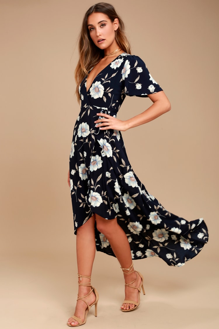 Cute Navy Blue Dress - Floral Print Dress - Floral Wrap Dress - Lulus