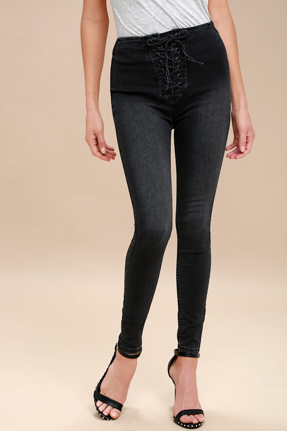 High Lace Washed Black Denim Leggings 2