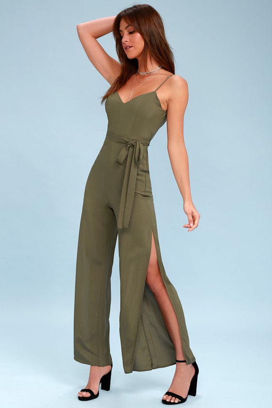 Cute Olive Jumpsuit Slit Leg Jumpsuit Wide Leg Jumpsuit Lulus