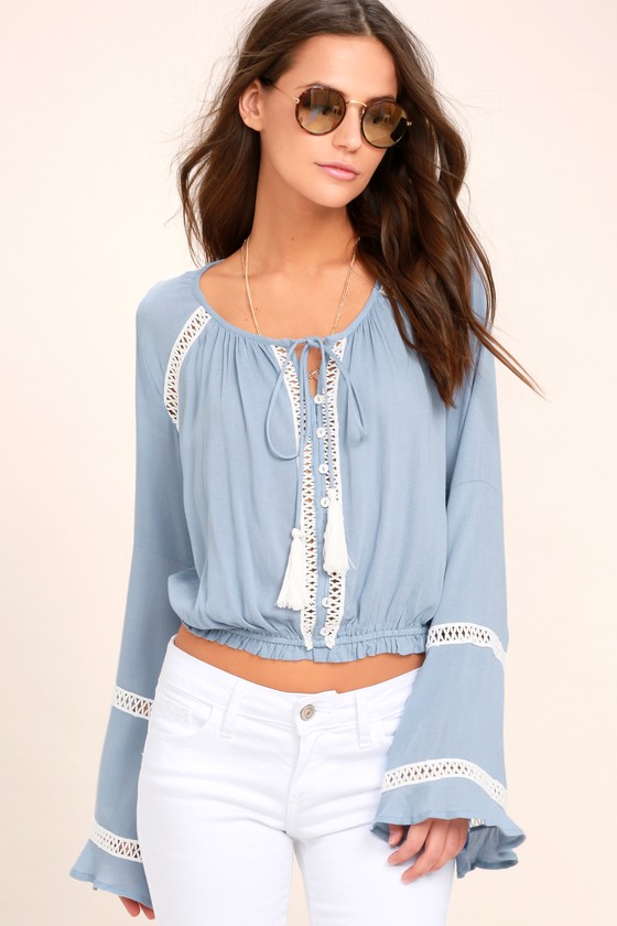 Simpler Times Light Blue Long Sleeve Crop Top