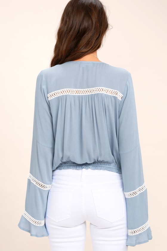 Cute Light Blue Crop Top - Long Sleeve Crochet Top -Lace Top