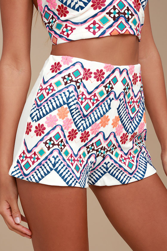 Rhythm is Gonna Get You Embroidered White Shorts 1