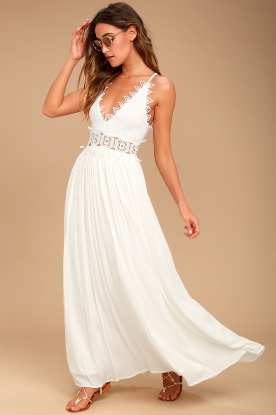 Lovely White Maxi Dress - Lace Maxi Dress - Plunge Neck Maxi