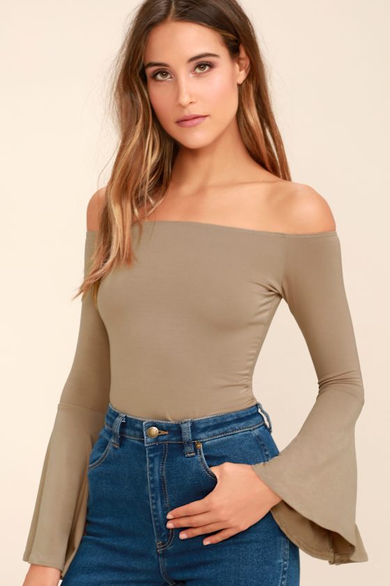 Flirt Factor Taupe Off-the-Shoulder Top 9