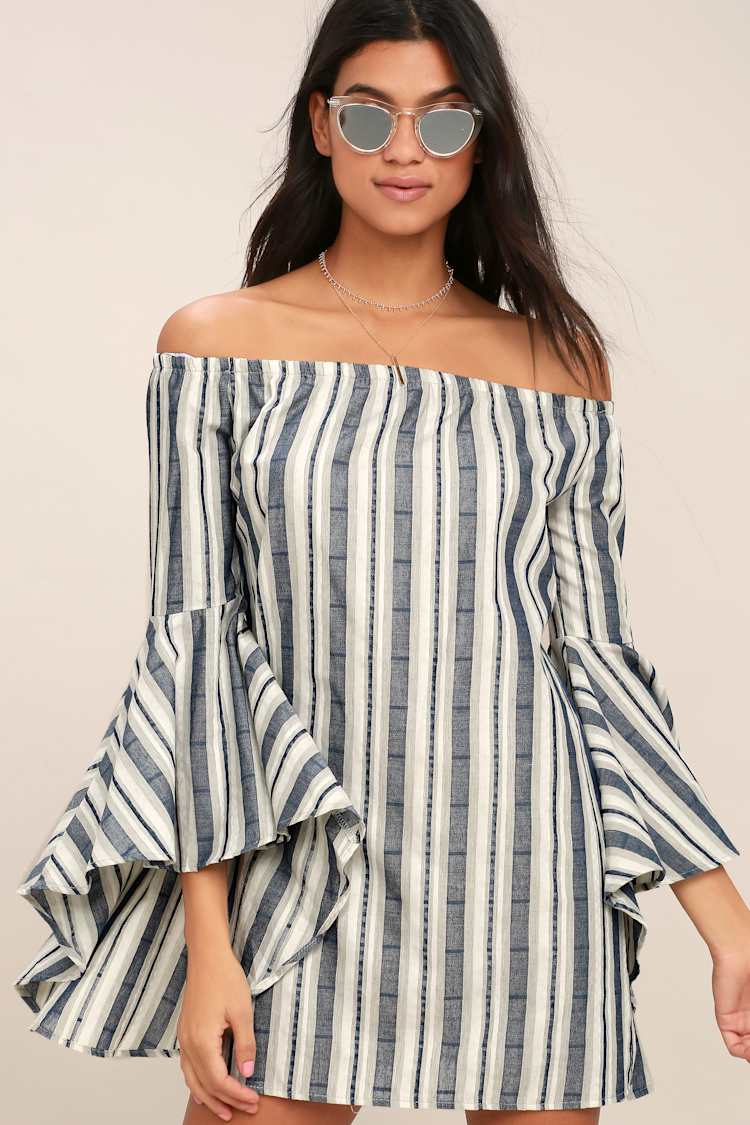 blue striped off the shoulder dress Blue Striped Ruffled Midi Dress With Slit main image 0