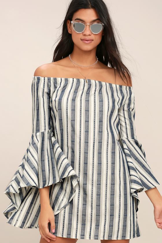 Along the Tides Navy Blue Striped Off-the-Shoulder Dress 8