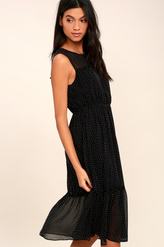 Cute Black Polka Dot Dress - Midi Dress - Sleeveless Dress