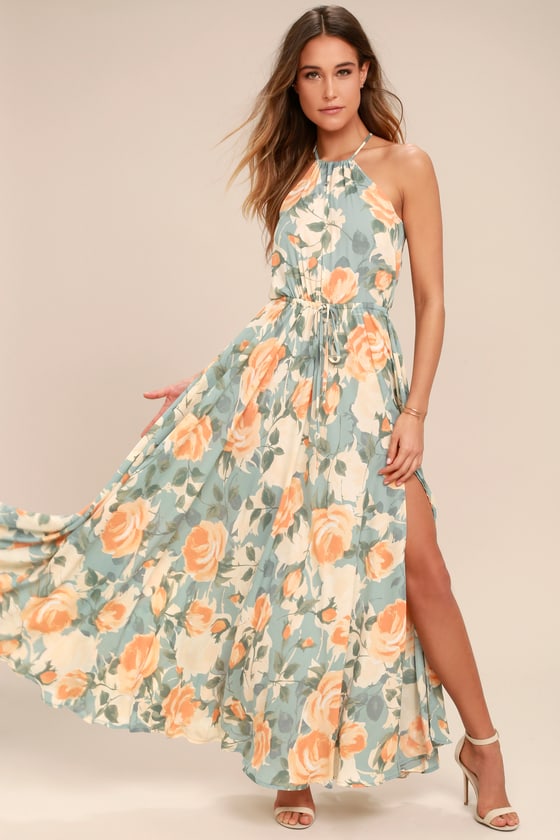 Stunning Floral Print Maxi Dress - Light Blue and Peach Maxi Dress ...