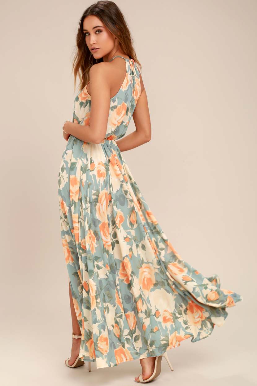 Stunning Floral Print Maxi Dress - Light Blue and Peach Maxi Dress - Floral Print Dress - Lulus Stunning Floral Print Maxi Dress - Light Blue and Peach Maxi Dress - Floral Print Dress - Lulus