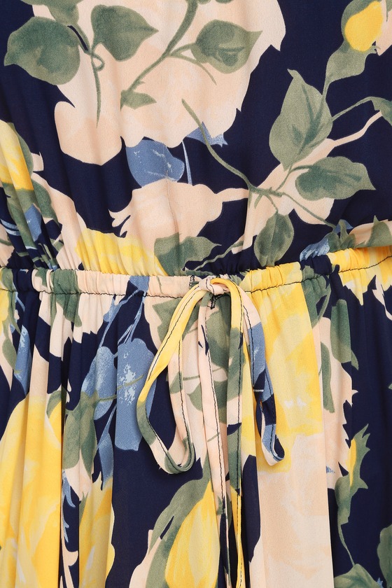 Precious Memories Navy Blue and Yellow Floral Print Maxi Dress