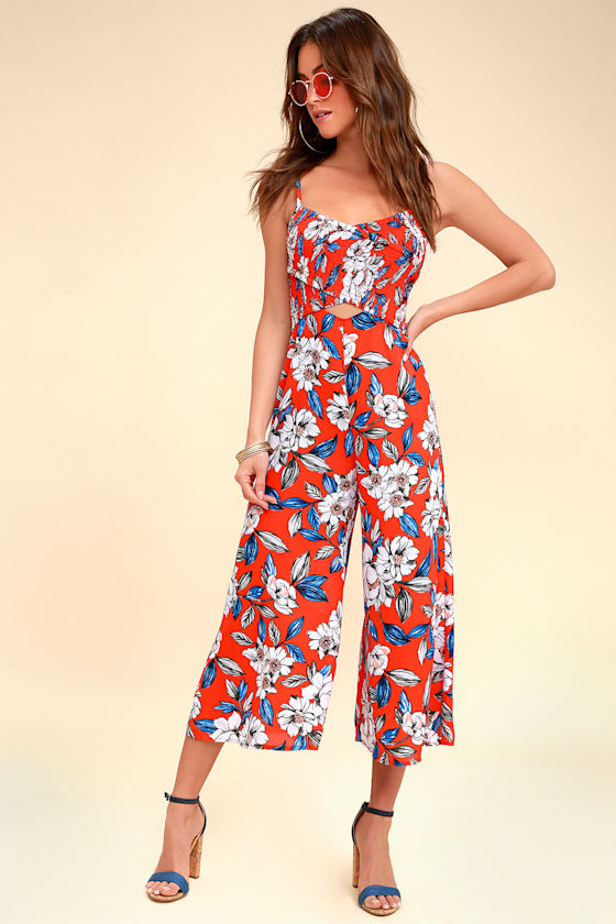 Full Bloom Red Floral Print Culotte Jumpsuit 1