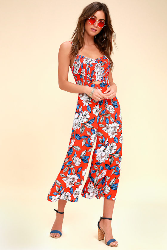 Full Bloom Red Floral Print Culotte Jumpsuit 2