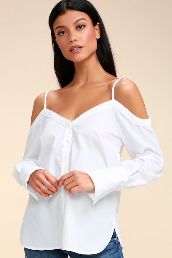 Work From Home White Button-Up Off-the-Shoulder Top 1