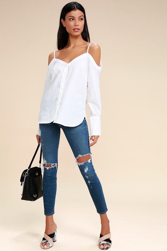 Work From Home White Button-Up Off-the-Shoulder Top 4