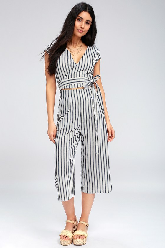 blue and white striped jumpsuit