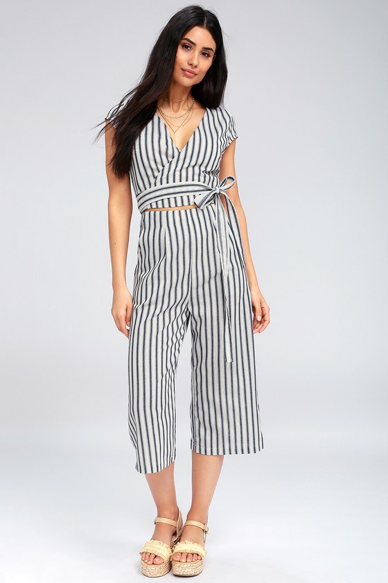 Chic Blue and White Striped Jumpsuit - Wrap Culotte Jumpsuit - Lulus