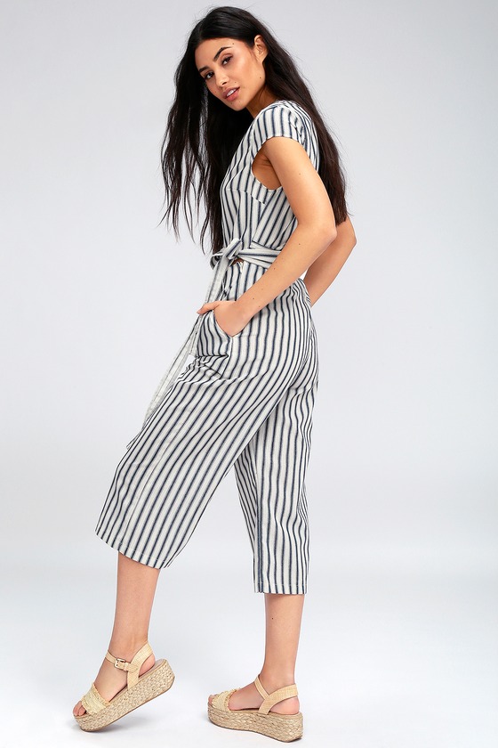 blue and white striped jumpsuit