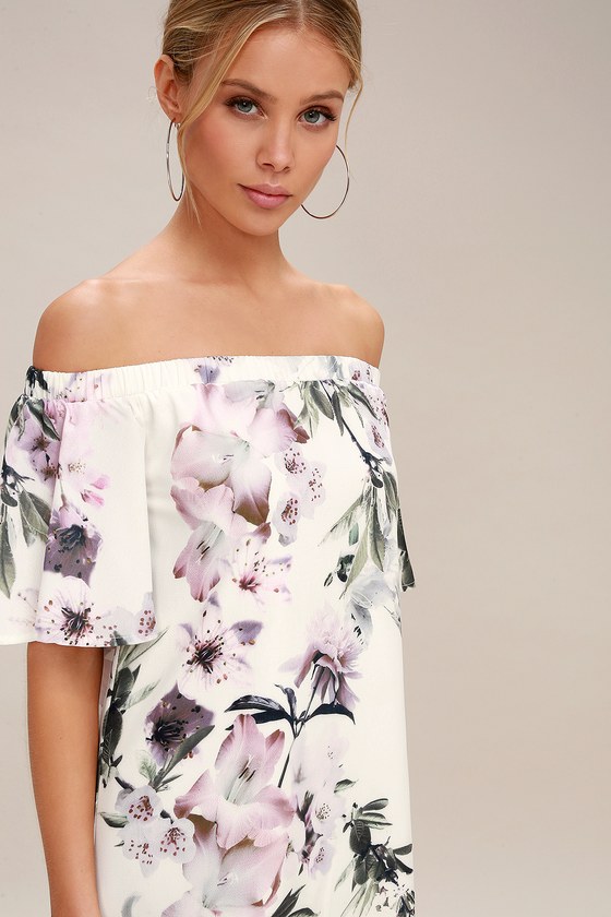 Dream of You Ivory Floral Print Off-the-Shoulder Shift Dress