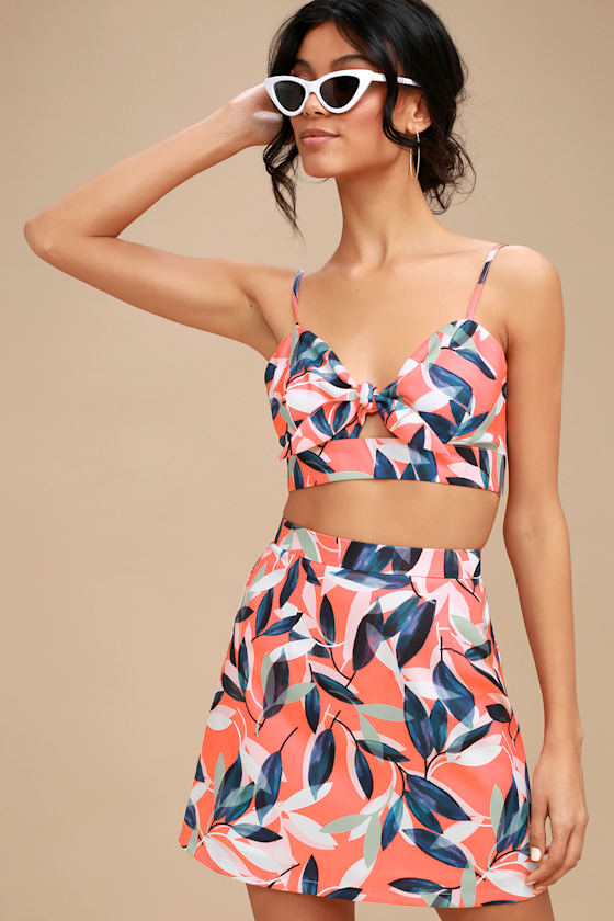 Caribbean Cutie Coral Pink Tropical Print Mini Skirt 2
