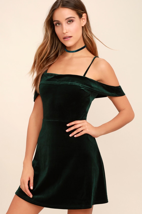 green off the shoulder velvet dress