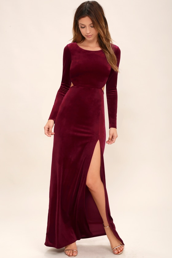 red velvet maxi dress with sleeves