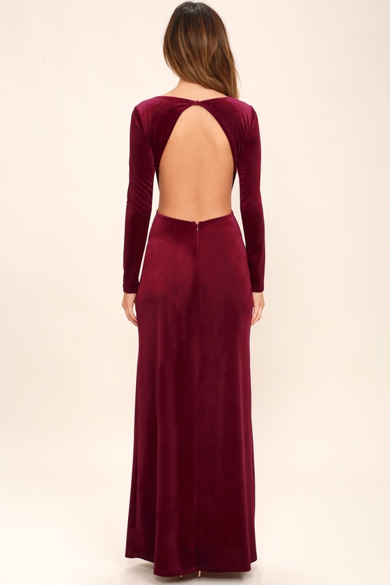 Sexy Burgundy Dress - Maxi Dress - Velvet Dress - Long Sleeve Dress ...
