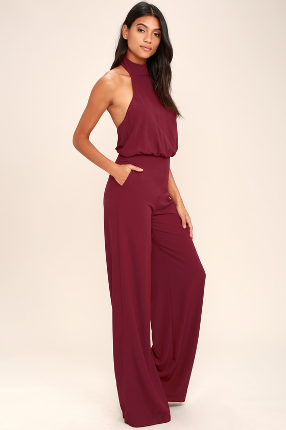 Chic Wine Red Jumpsuit - Red Halter Jumpsuit - Wide Leg Jumpsuit - Lulus