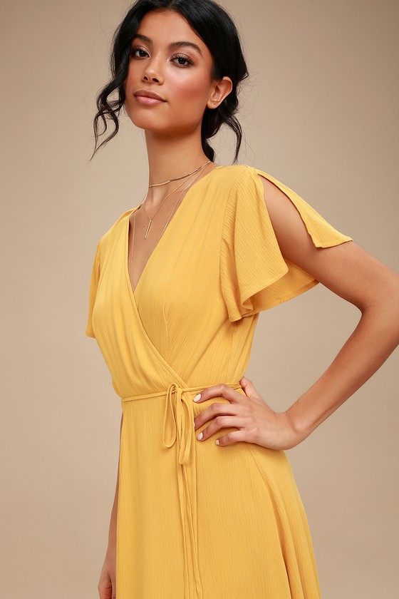 long yellow wrap dress
