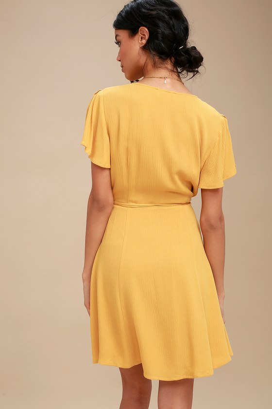 Cute Mustard Yellow Dress - Wrap Dress - Short Sleeve Dress