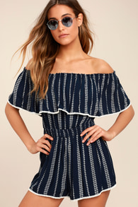 See Ya There Navy Blue Print Off-the-Shoulder Romper