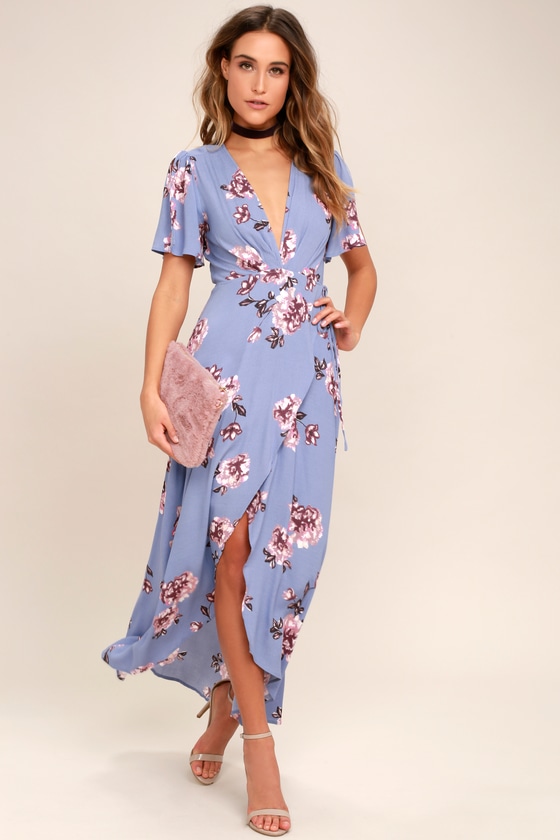 ASTR the Label Selma - Periwinkle Floral Print Dress - Maxi Wrap Dress ...