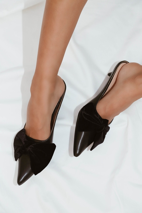 Chic Black Mules - Kitten Heel Mules - Bow Heels - Lulus