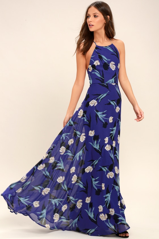  Royal  Blue  Floral Print Dress  Lace Up Dress  Maxi  Dress 