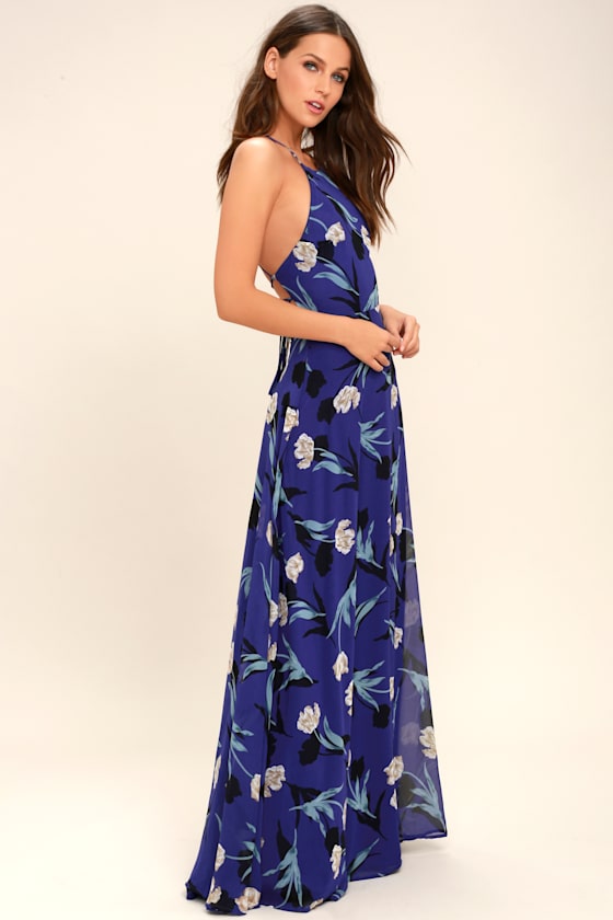 All I Need Royal Blue Floral Print Lace-Up Maxi Dress 9