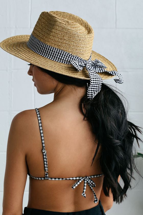 Lazy Days Tan and Gingham Straw Fedora Hat 1