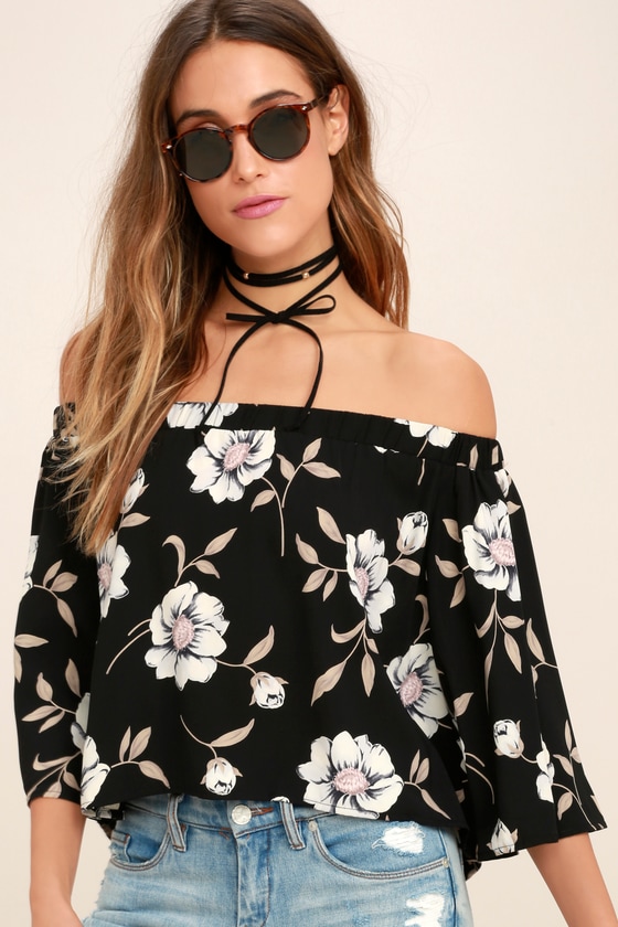 Cute Black Floral Print Top - Off-the 