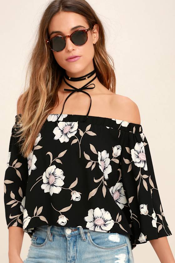 Cute Black Floral Print Top OfftheShoulder Top Print Top 39.00