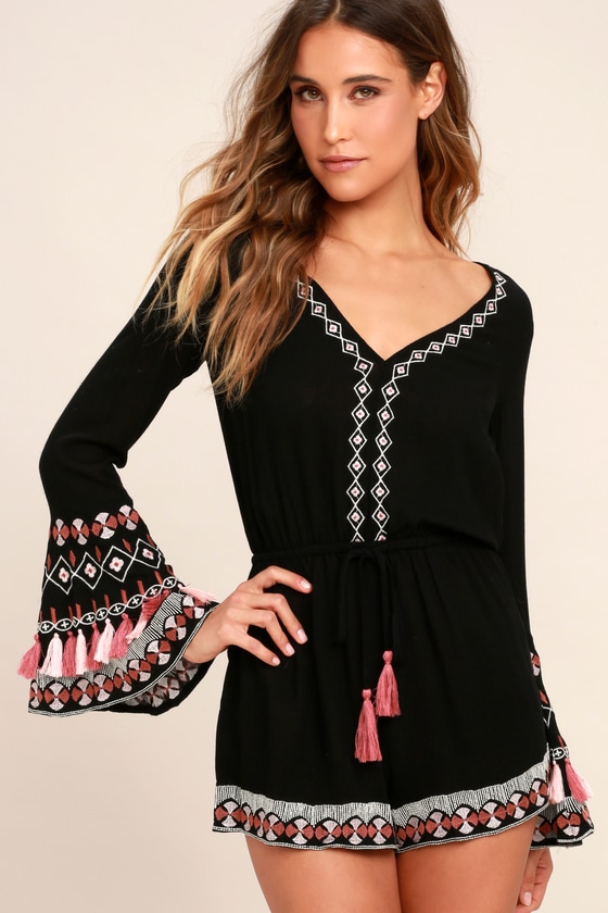 Hiatus Black Embroidered Long Sleeve Romper