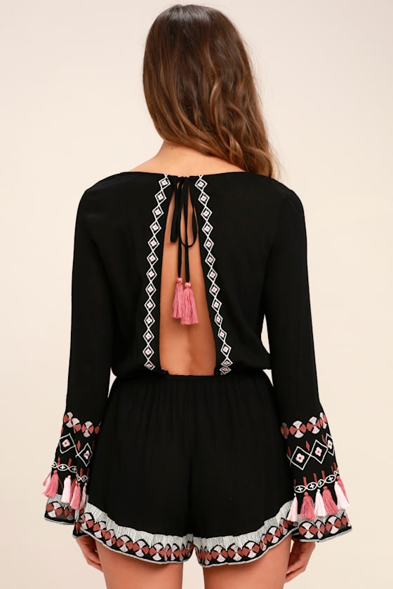 Boho Embroidered Romper Black Romper Bell Sleeve Romper