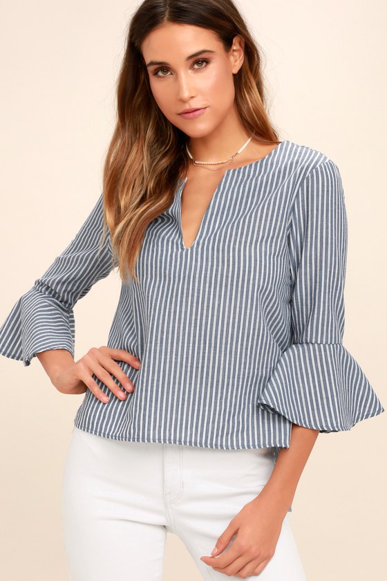 Chic Blue and White Striped Top - Striped Blouse - Bell Sleeve Top ...