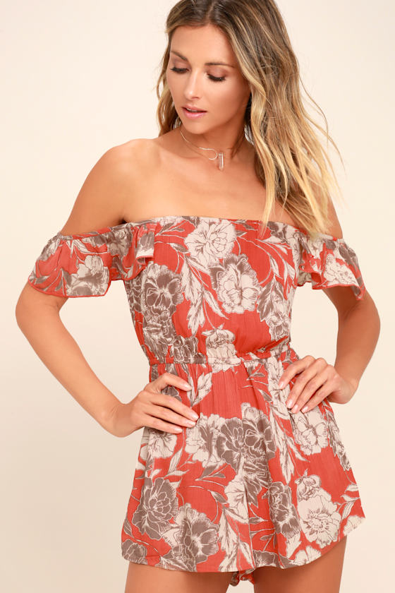 Kiss & Tell Coral Red Floral Print Romper 10