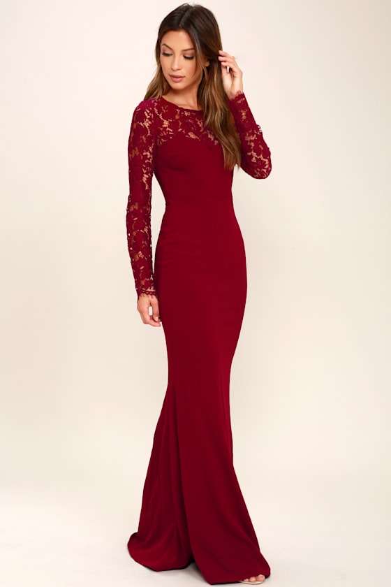 Lovely Wine Red Lace Dress Maxi Dress Long Sleeve Dress