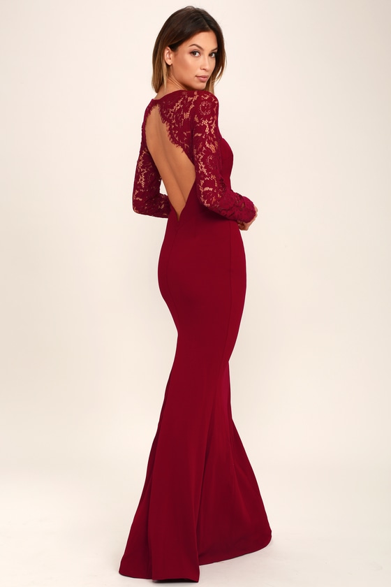 Wine Red Lace Evening Dress
