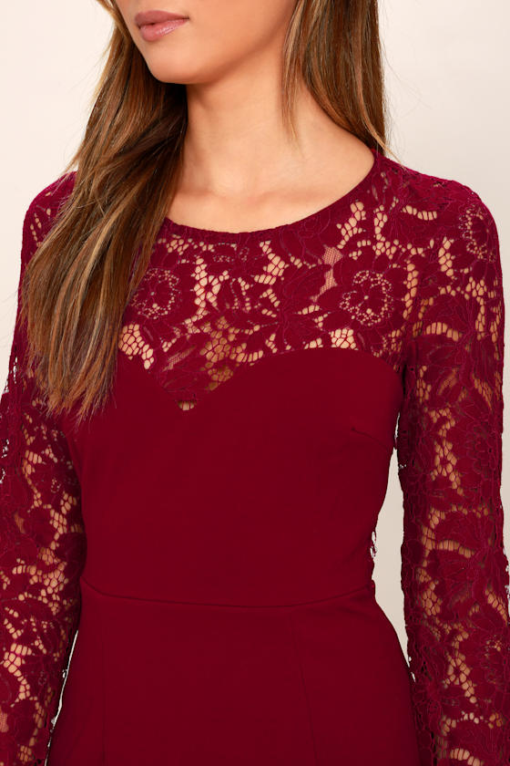 Lovely Wine Red Lace Dress Maxi Dress Long Sleeve Dress