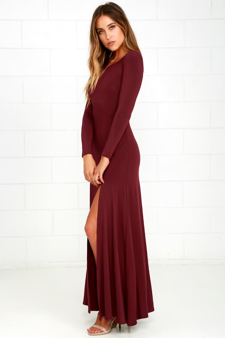 lulus burgundy long sleeve dress Chic - Maxi Dress - Dress Must-Haves calf length Simple Off White Mermaid Size:Small 2/4
