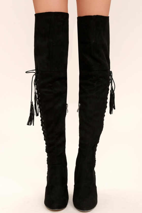Dolores Black Suede Lace-Up Over the Knee Boots