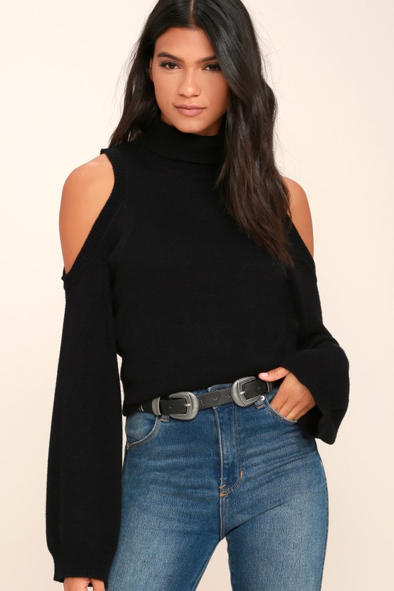 Chic Black Sweater - Turtleneck Sweater - Cold-Shoulder Sweater - $67. ...
