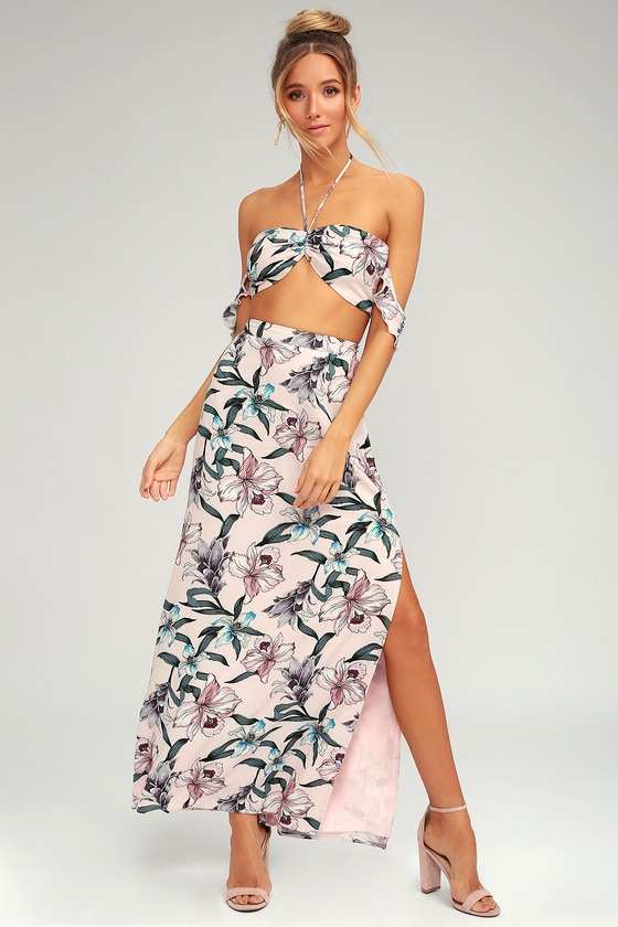 Cute Blush Pink Maxi Dress - Floral Print Two-Piece Dress - Lulus