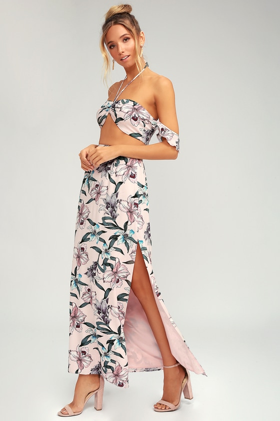 Cute Blush Pink Maxi Dress - Floral Print Two-Piece Dress - Lulus